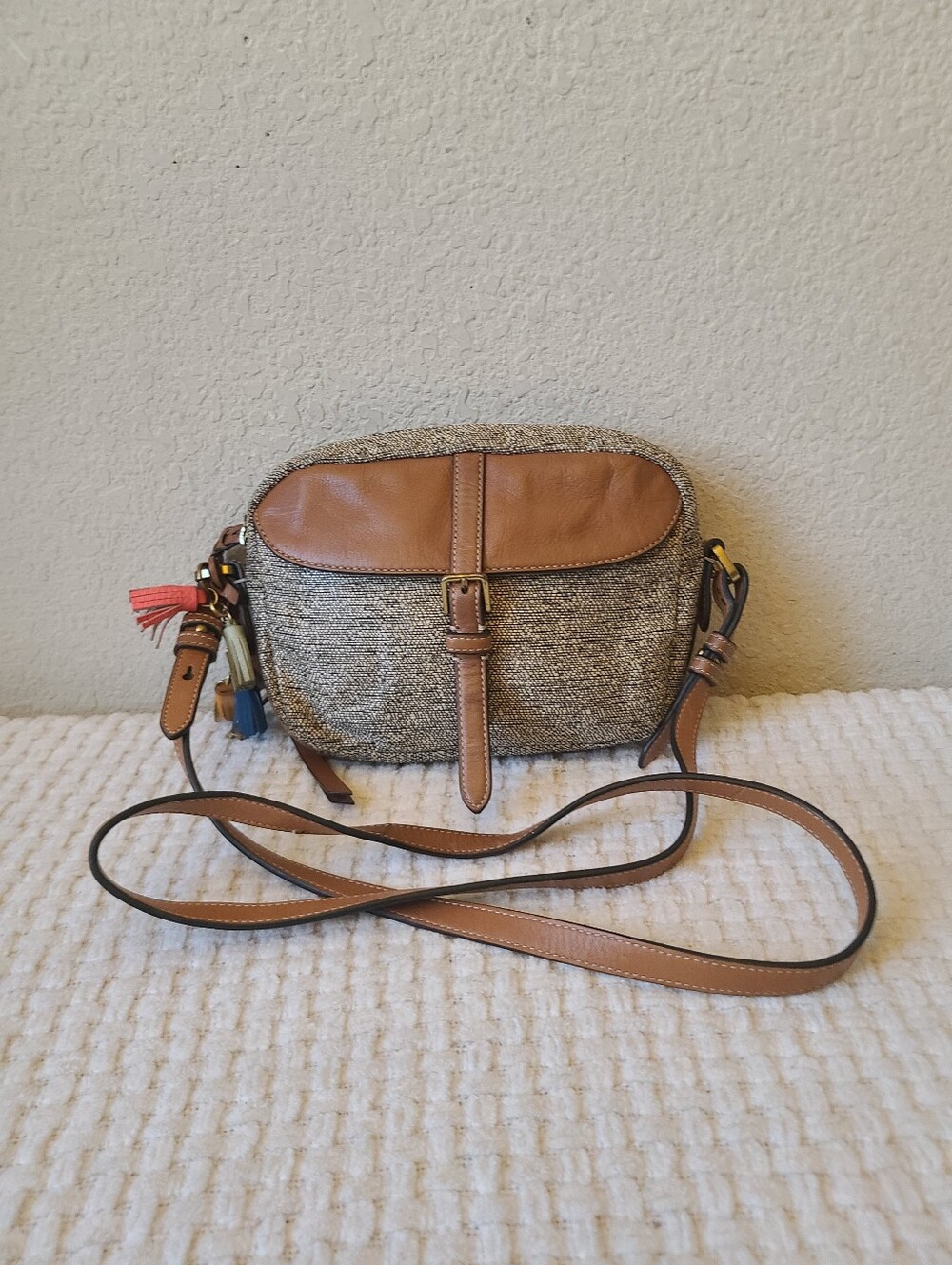 Fossil Leather-Trim Crossbody Bag in Brown and Tan